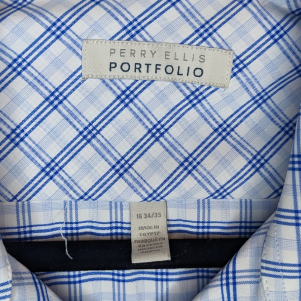 NWT Perry Ellis Portfolio Travel Luxe Blue Check Tech Shirt Neck 16 34/35 💙✨ - Picture 3 of 12